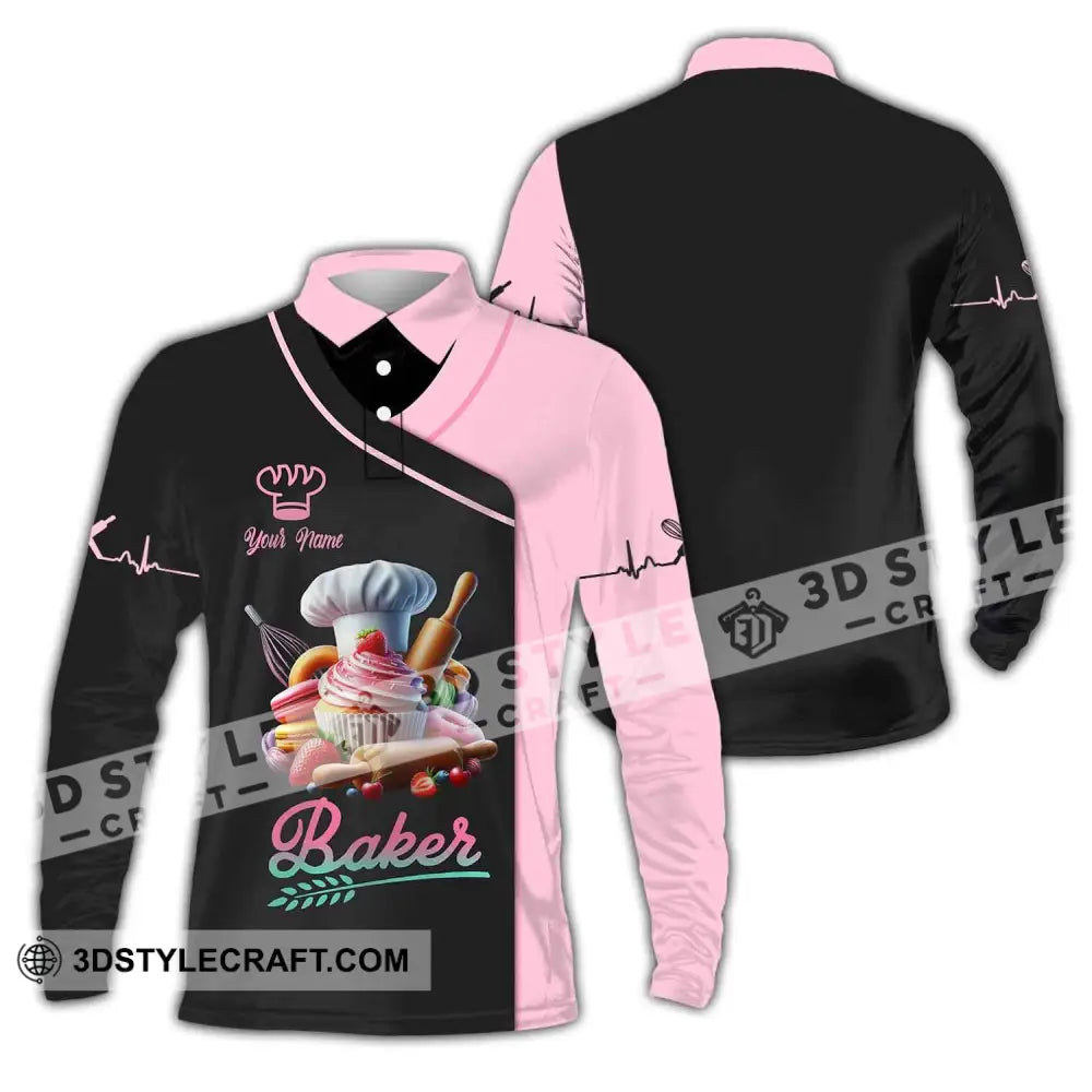Unisex Shirt Custom Name Baker T-Shirt For Bakery Shop Uniform Gift Baking Lover Long Sleeve Polo /