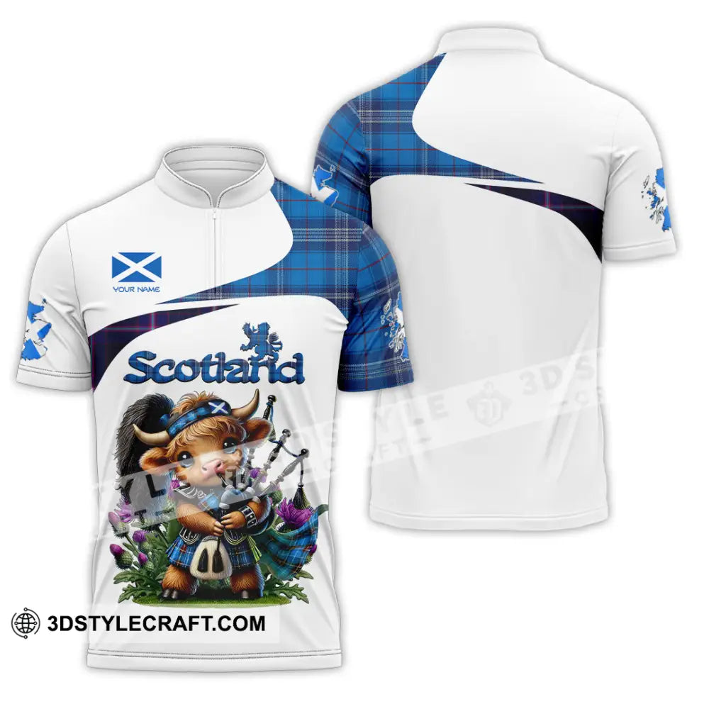 Unisex Shirt - Custom Text Shirt Scotland Highland Cow With Bagpipes Shirt Zipper Polo Shirt / S T-shirt