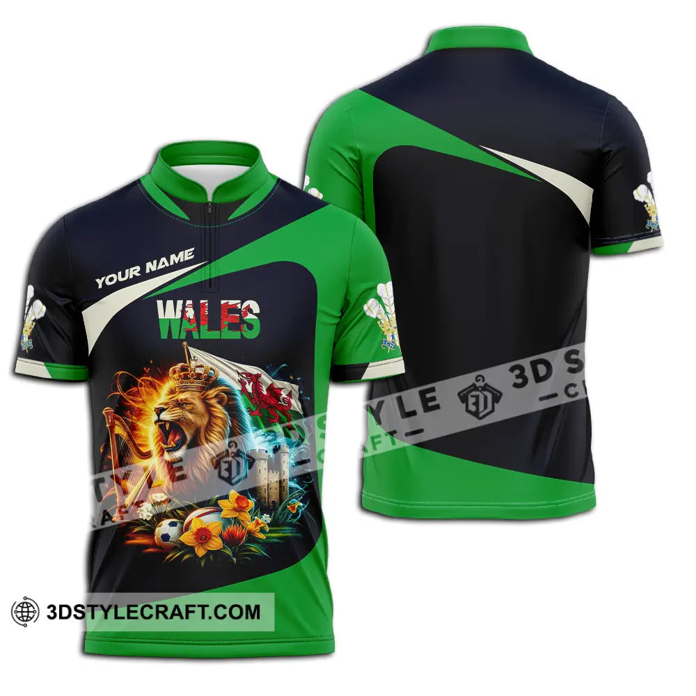 Unisex Shirt - Custom Text Wales Lion Zipper Polo / S T-Shirt