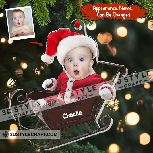 Baby In Christmas Sleigh - Custom Photo And Name Personalized Acrylic Ornament Gift For Family / 1