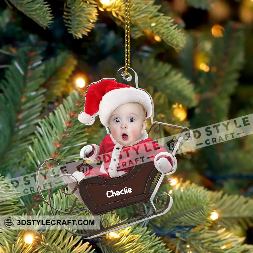 Baby In Christmas Sleigh - Custom Photo And Name Personalized Acrylic Ornament Gift For Family