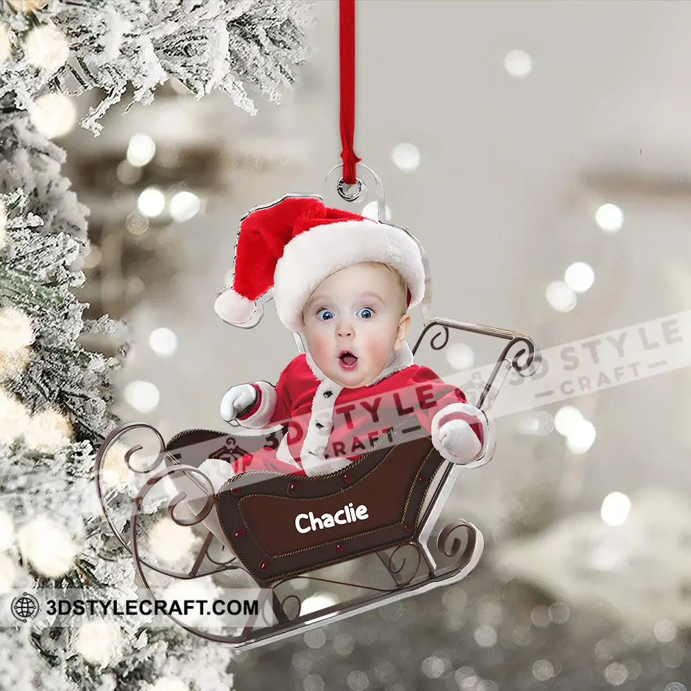 Baby In Christmas Sleigh - Custom Photo And Name Personalized Acrylic Ornament Gift For Family