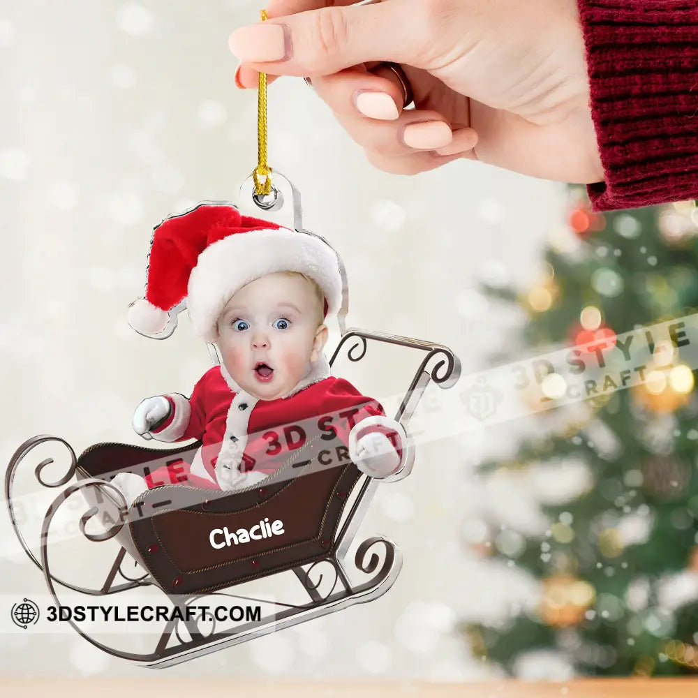 Baby In Christmas Sleigh - Custom Photo And Name Personalized Acrylic Ornament Gift For Family