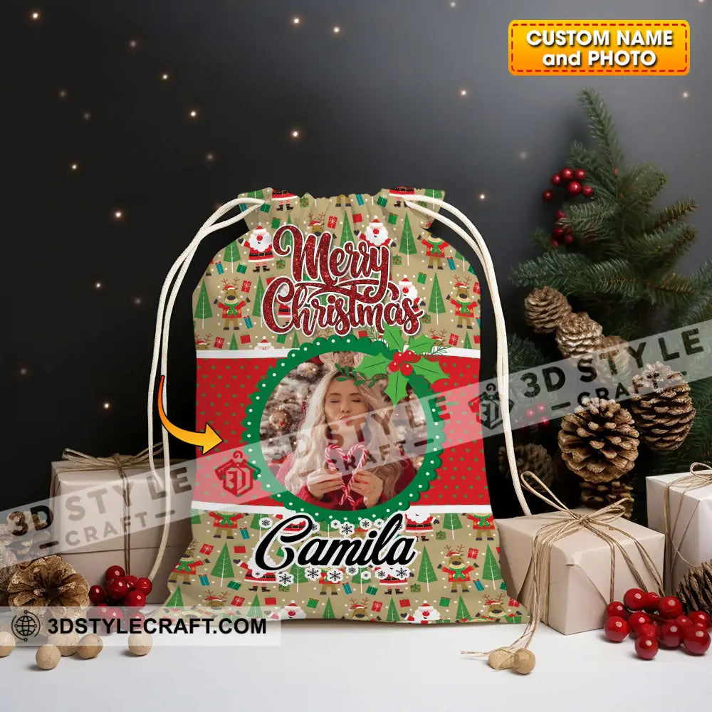 Christmas Decor For Custom Photo And Name Personalized String Bag Gift