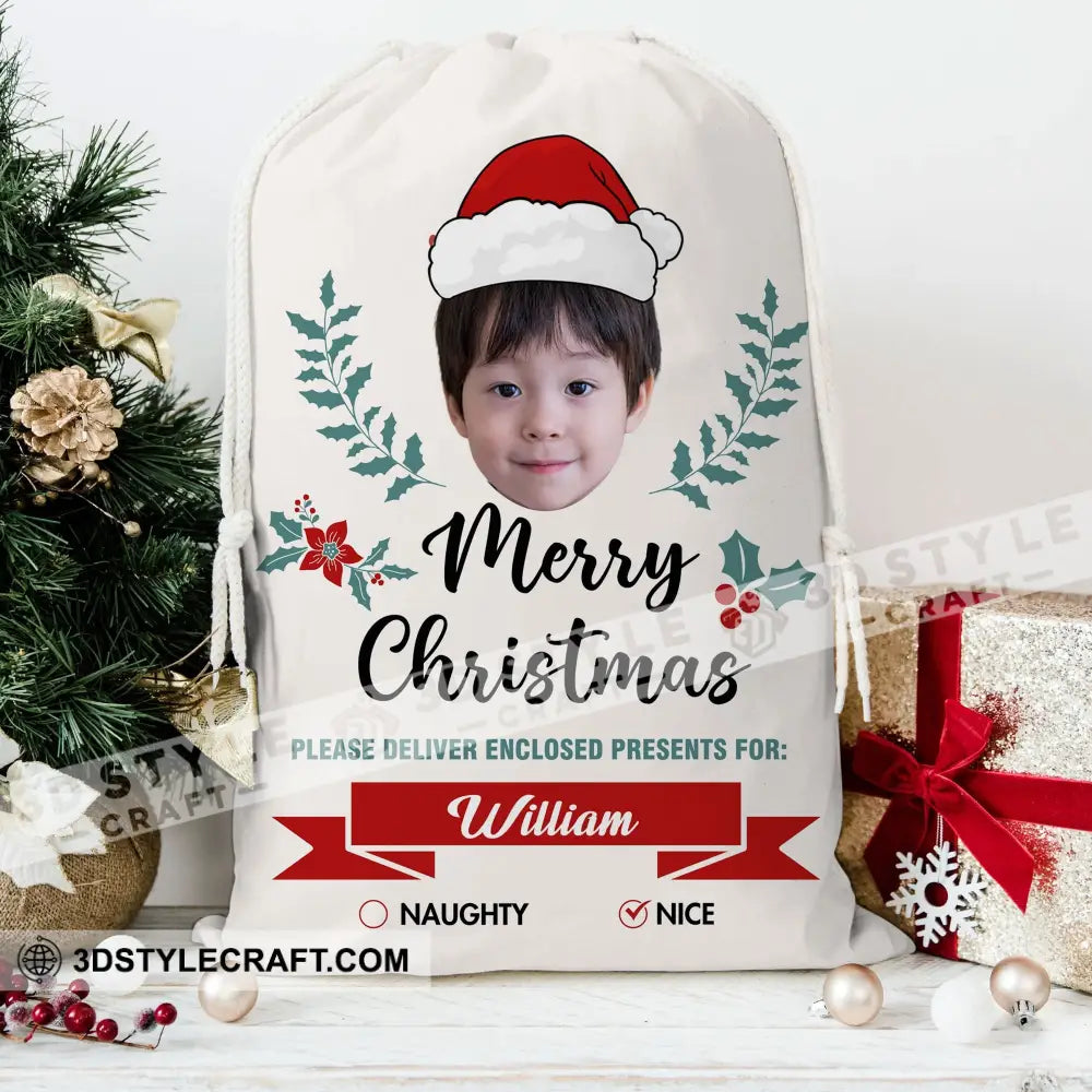 Christmas Kid Face Custom Photo And Name Personalized String Bag Gift 13X15 In - 33X39 Cm