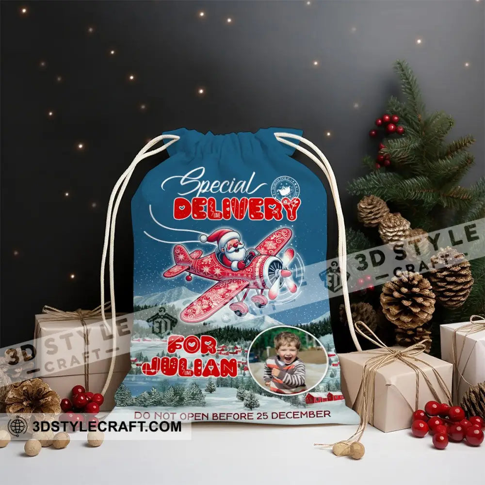 Christmas Santa Flies To You Custom Photo And Name Personalized String Bag Gift 13X15 In - 33X39 Cm