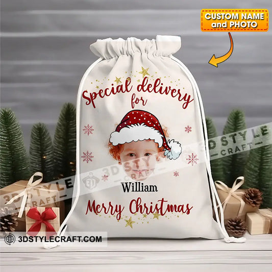 Christmas Special Delivery Custom Photo And Name Personalized String Bag Gift 13X15 In - 33X39 Cm