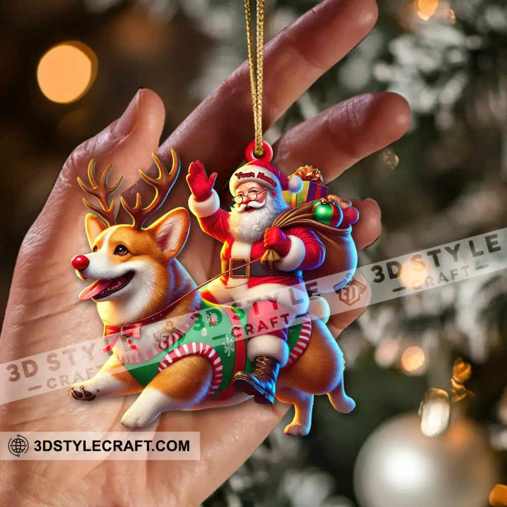 Custom Name Santa Corgi Deer Ornament Christmas Gift