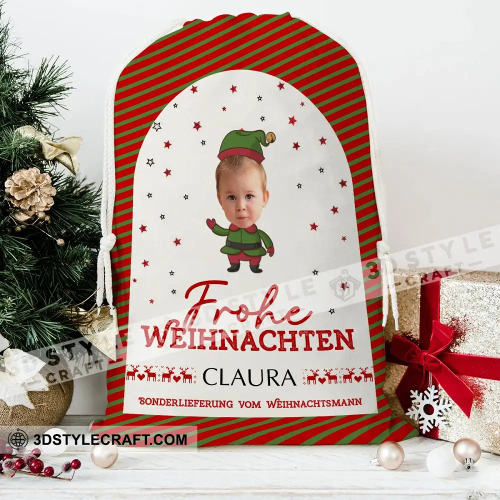 Frohe Weihnachten Custom Photo And Text Personalized String Bag Christmas Gift