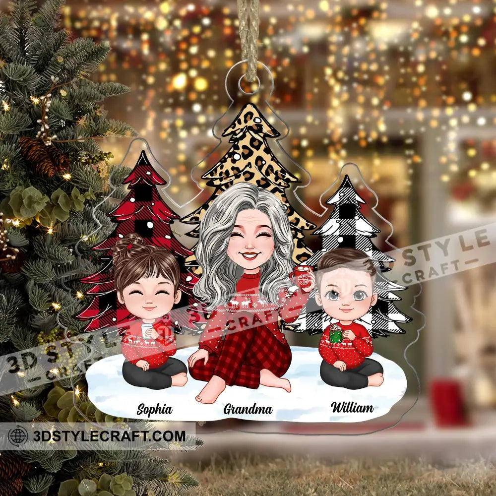 Grandma And Kids Sitting Near The Christmas Trees Gift For Mom Custom Appearances Names -