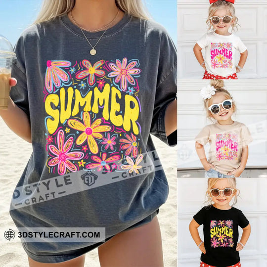 Kid And Adult T-Shirt - Colorful Summer Flowers T-Shirt style option 1