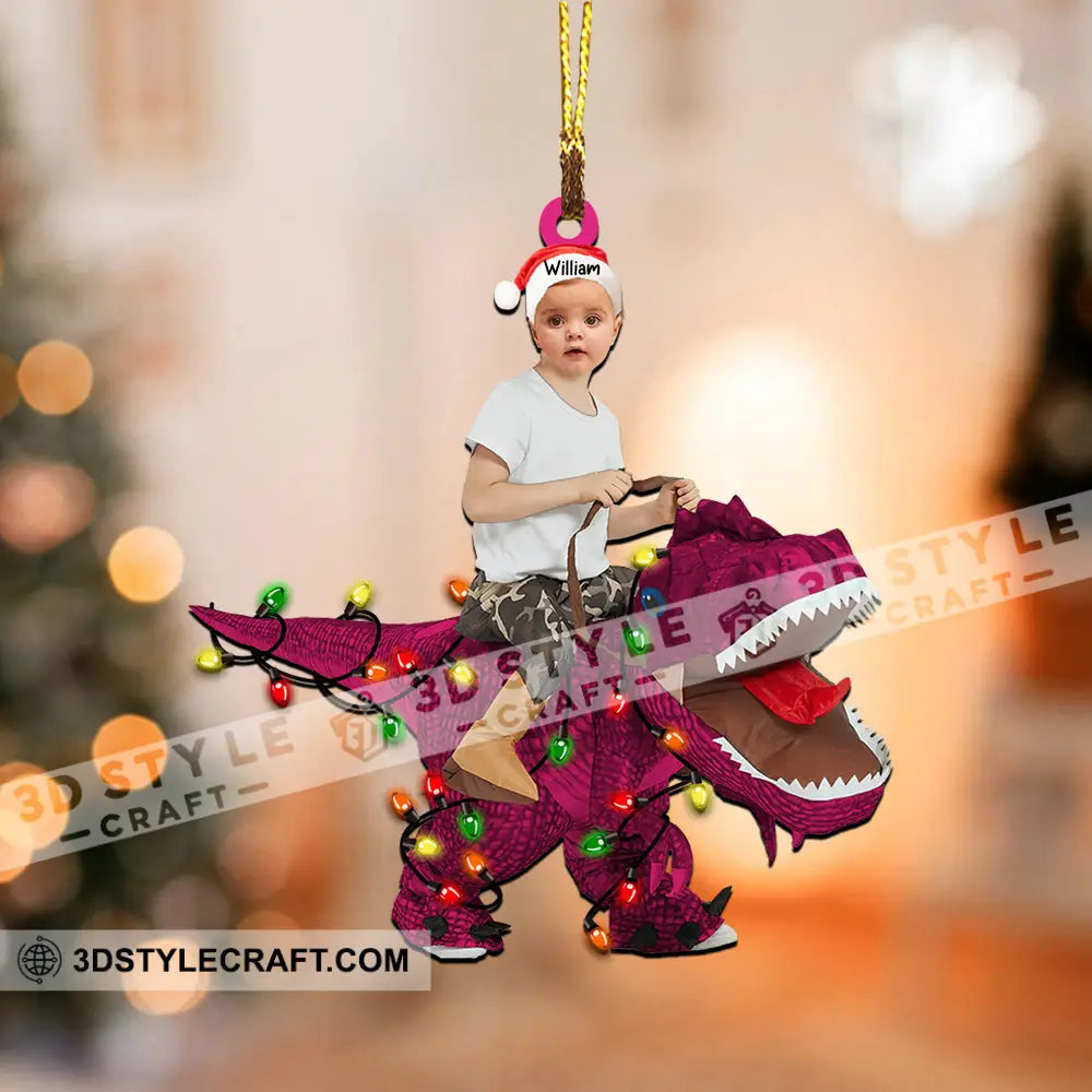 Kid Riding Dinosaur - Christmas Gift For Family Custom Photo And Name Personalized Acrylic Ornament