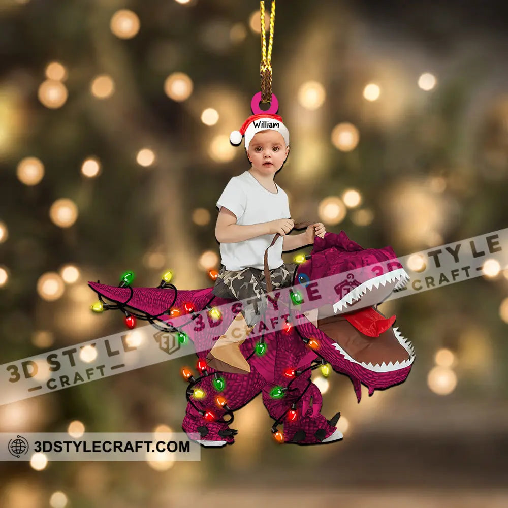 Kid Riding Dinosaur - Christmas Gift For Family Custom Photo And Name Personalized Acrylic Ornament