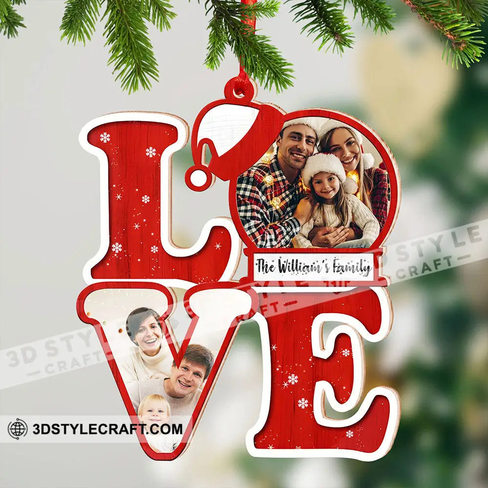 L.o.v.e For Christmas Custom Photo And Family Name - Personalized Shaped Wooden Ornament Gift