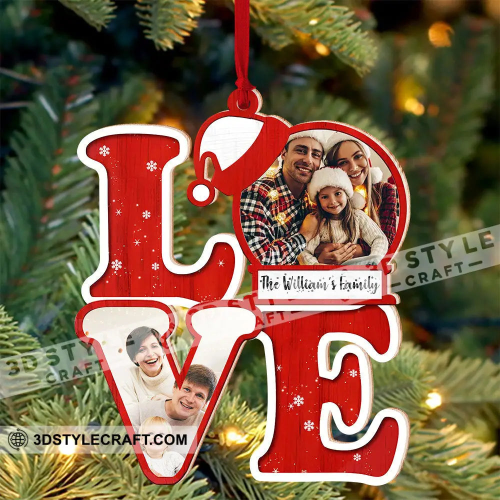 L.o.v.e For Christmas Custom Photo And Family Name - Personalized Shaped Wooden Ornament Gift