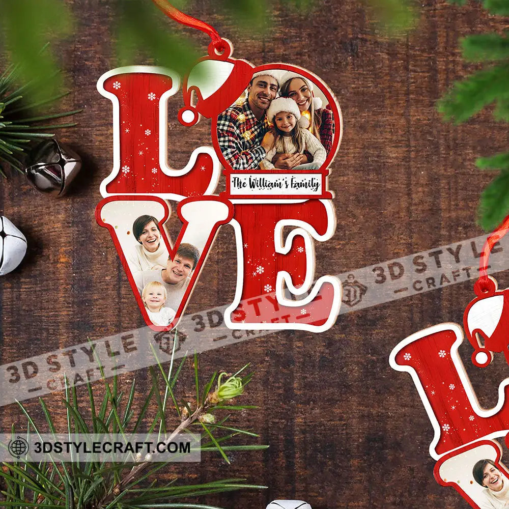 L.o.v.e For Christmas Custom Photo And Family Name - Personalized Shaped Wooden Ornament Gift