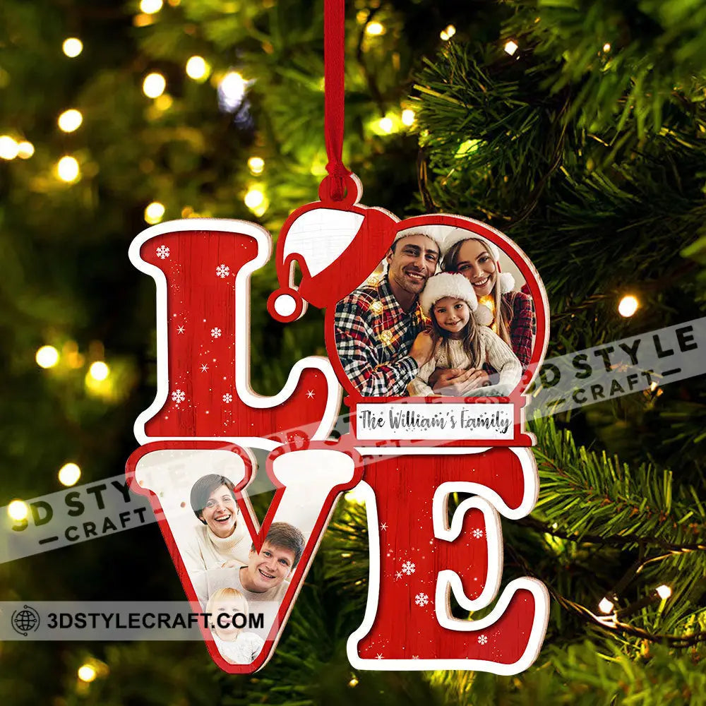 L.o.v.e For Christmas Custom Photo And Family Name - Personalized Shaped Wooden Ornament Gift