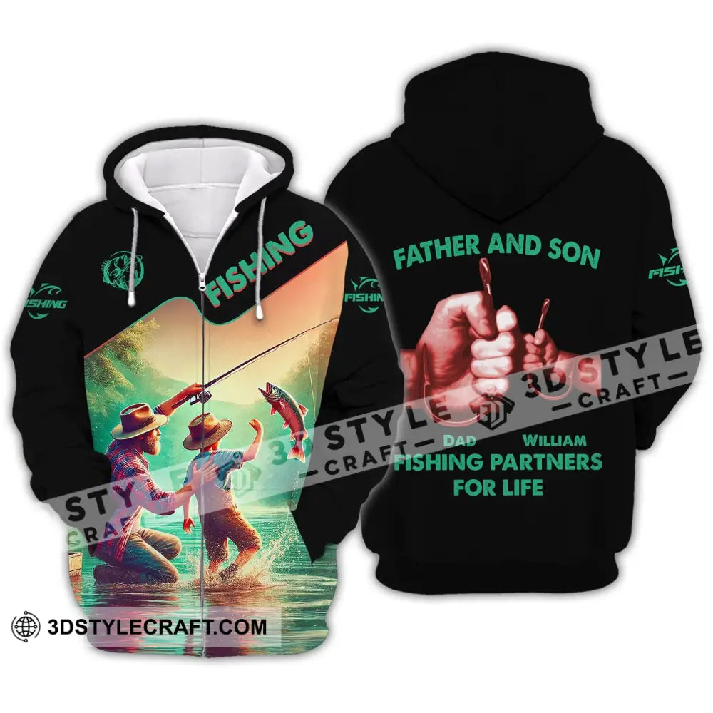 Man Shirt Custom Name Fishing Father And Son Partner Zipper Hoodie / S T-Shirt