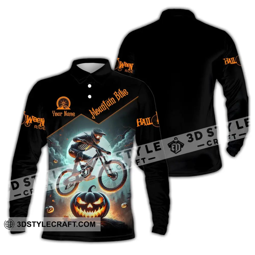 Man Shirt Custom Name Halloween Mountain Bike Lover T-Shirt Long Sleeve Polo / S T-Shirt