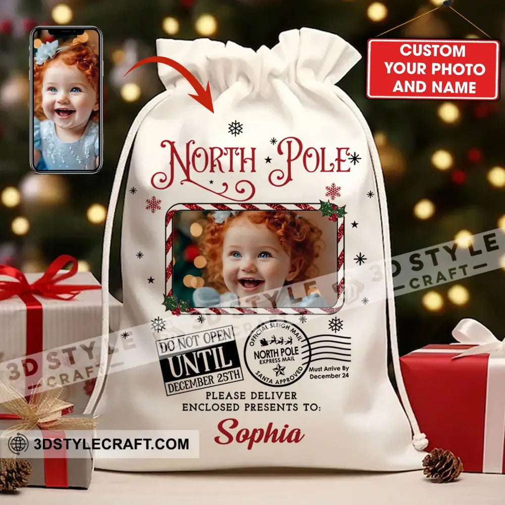 North Pole Delivery For Custom Photo And Name Personalized String Bag Christmas Gift 13X15 In -