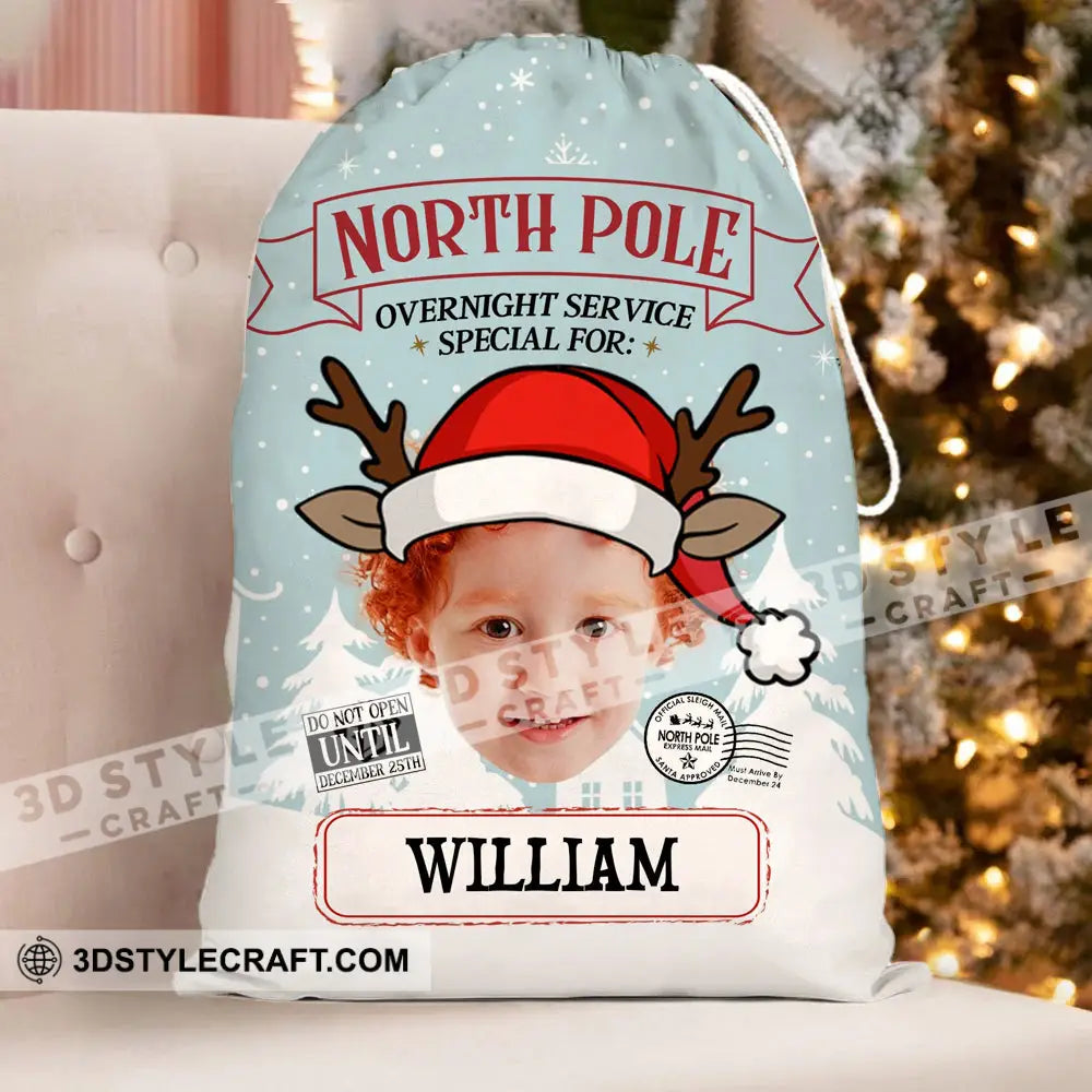 North Pole Overnight Service Custom Photo And Text Personalized String Bag Christmas Gift