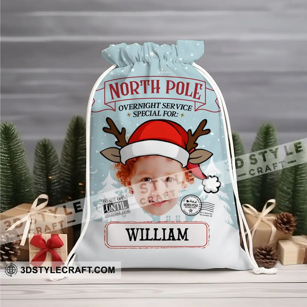 North Pole Overnight Service Custom Photo And Text Personalized String Bag Christmas Gift