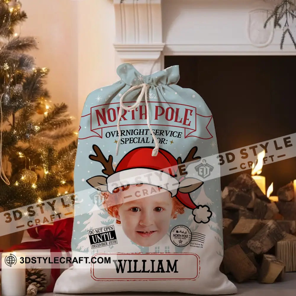 North Pole Overnight Service Custom Photo And Text Personalized String Bag Christmas Gift