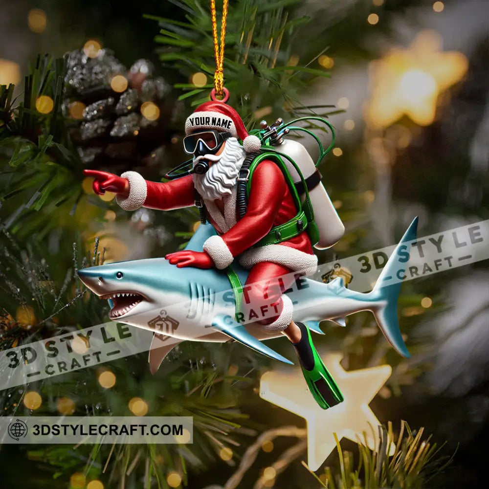 Santa Diver Riding Shark Christmas Ornament Personalized