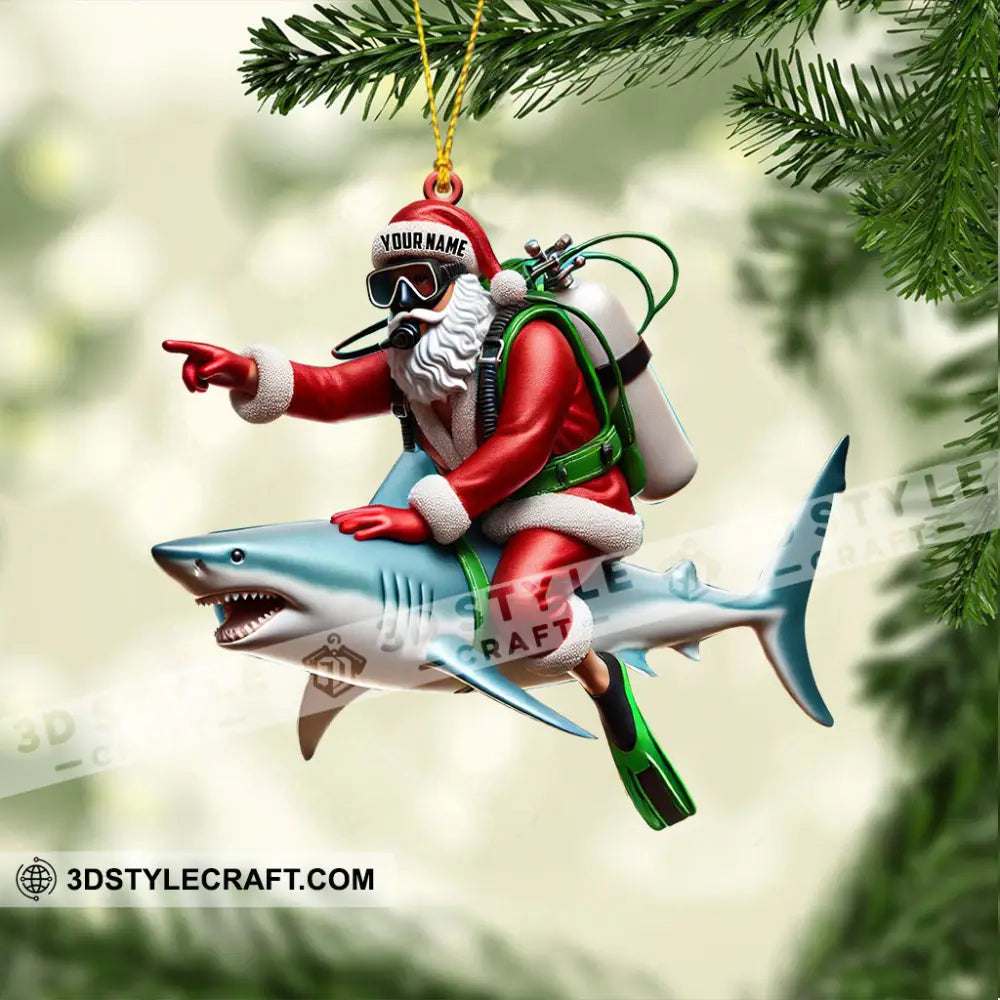 Santa Diver Riding Shark Christmas Ornament Personalized