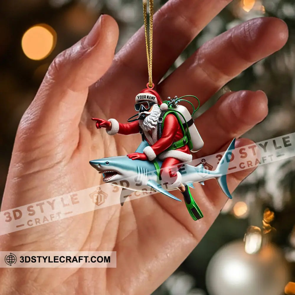 Santa Diver Riding Shark Christmas Ornament Personalized