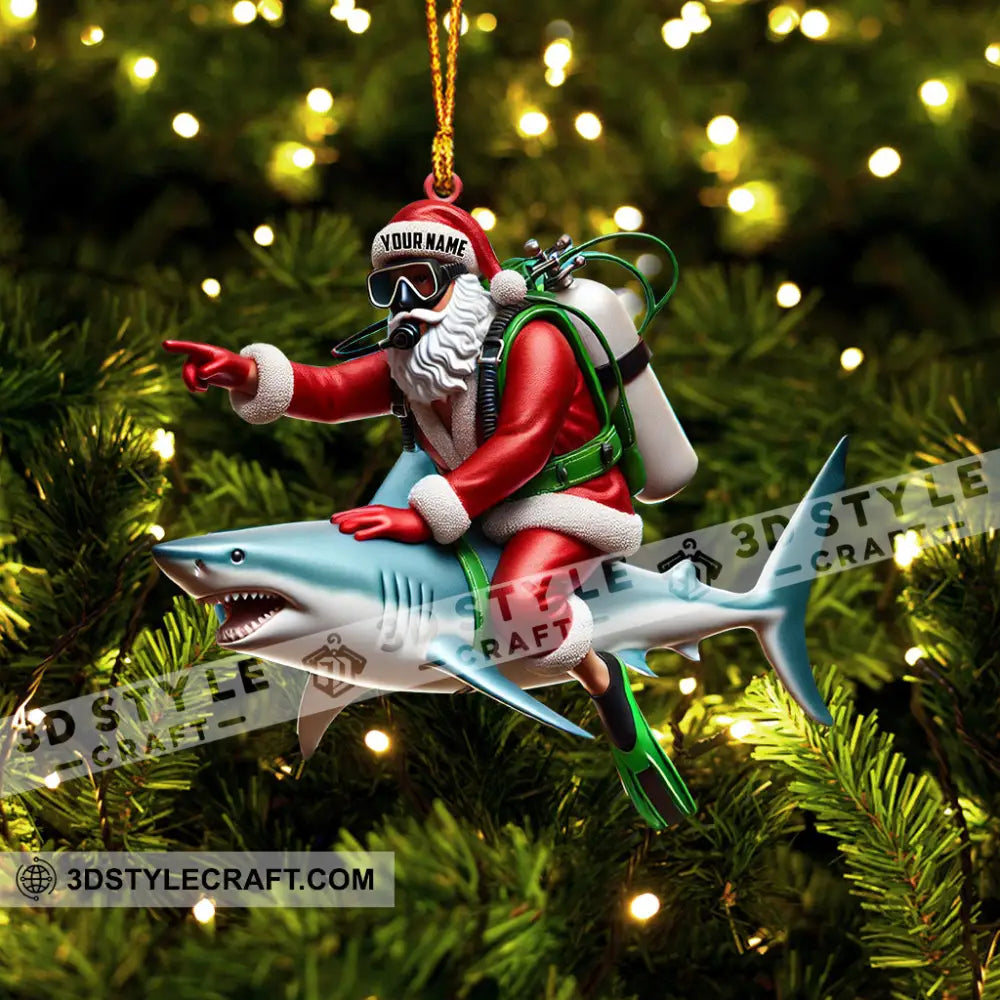 Santa Diver Riding Shark Christmas Ornament Personalized