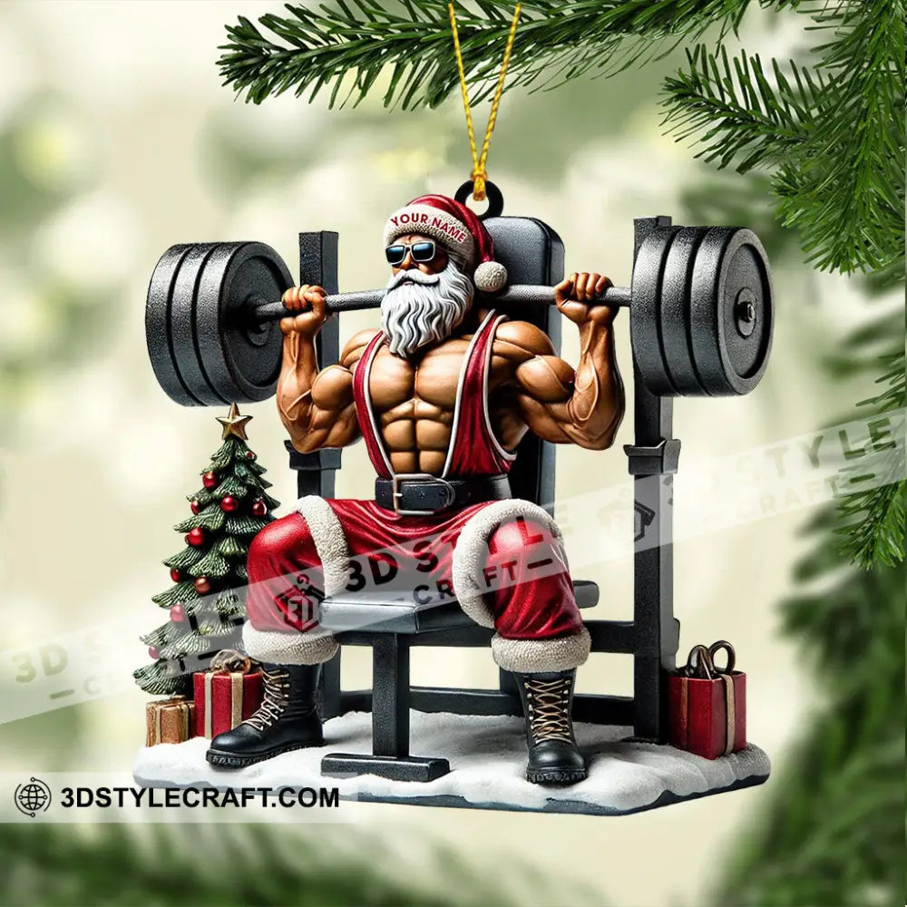 Santa Muscle Weightlifting Christmas Ornament Personalized