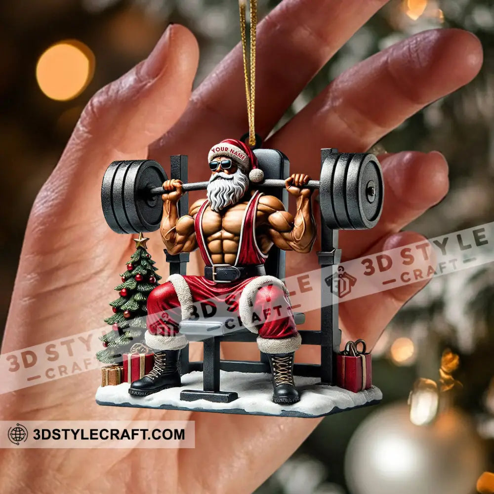 Santa Muscle Weightlifting Christmas Ornament Personalized