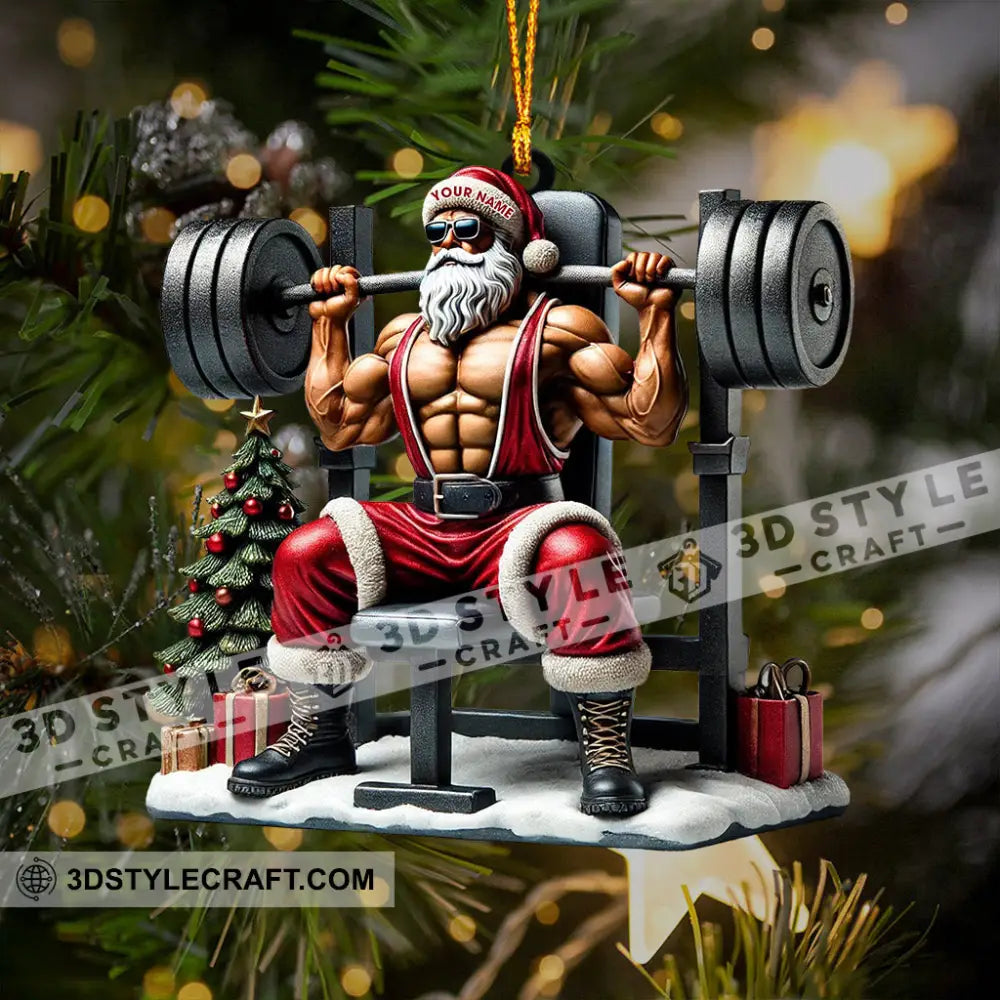 Santa Muscle Weightlifting Christmas Ornament Personalized