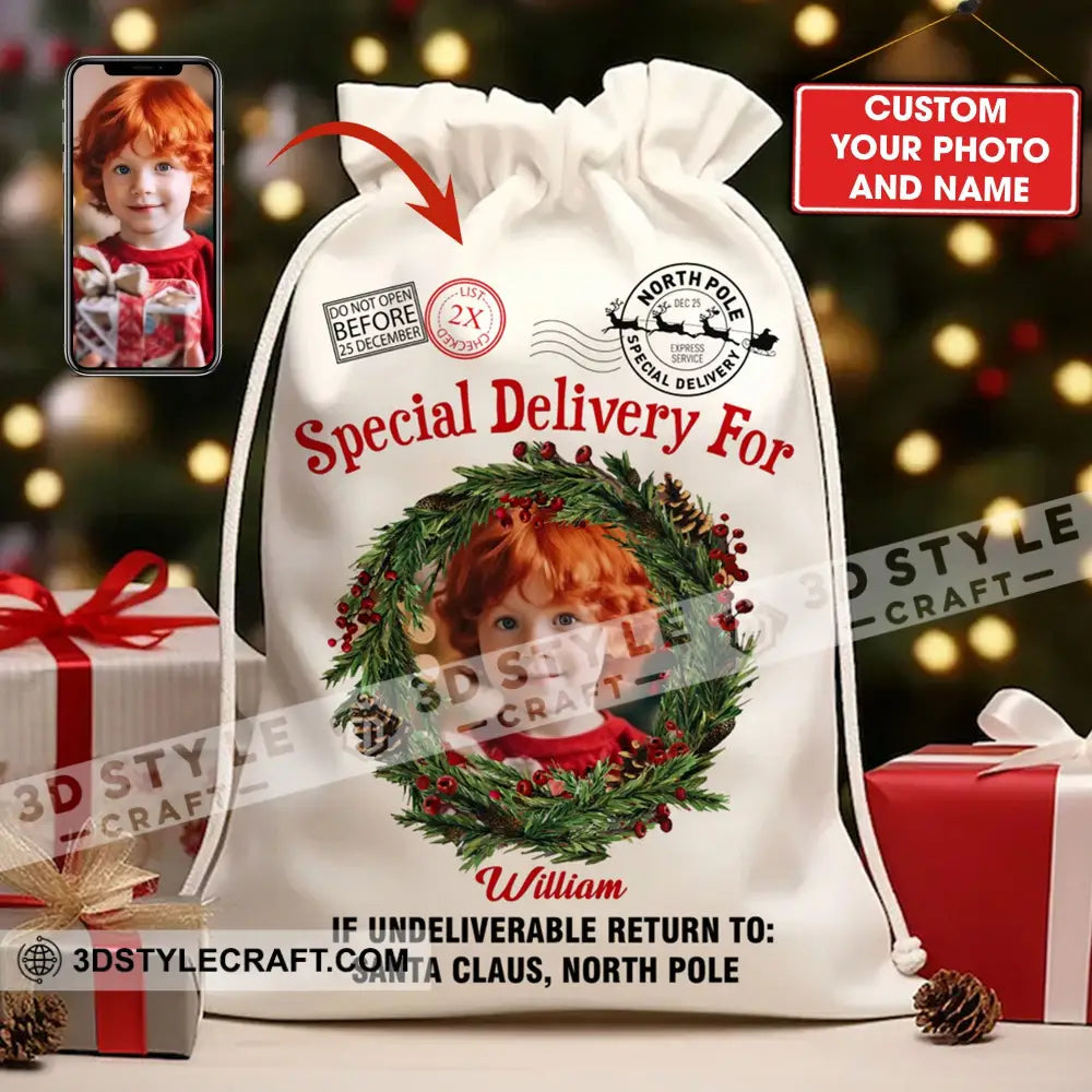 Special Delivery Custom Photo And Name Personalized String Bag Christmas Gift 13X15 In - 33X39 Cm