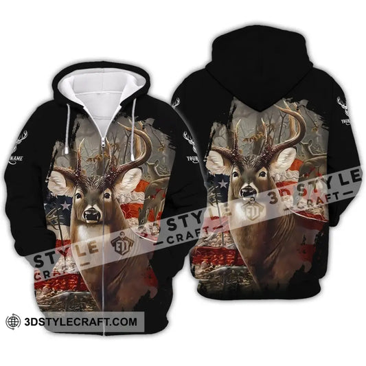 Unisex Shirt - Custom Name 3D America Deer Zipper Hoodie / S T-Shirt