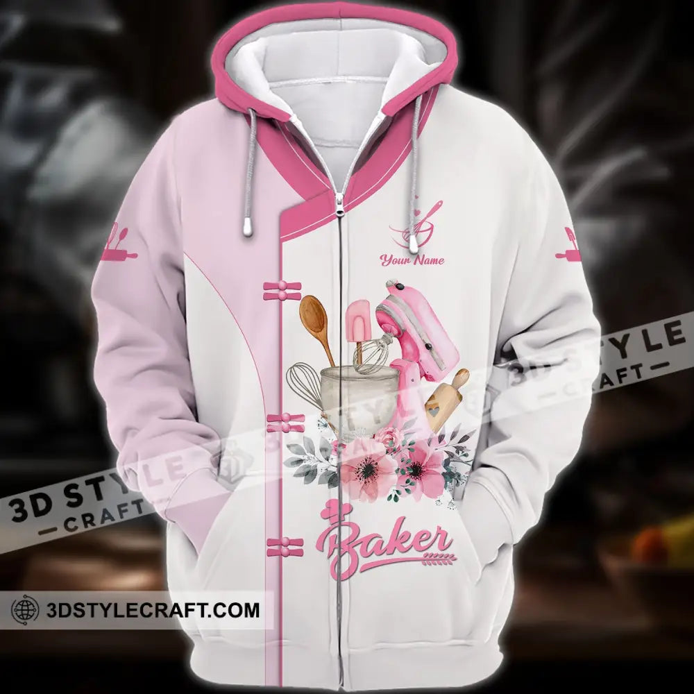 Unisex Shirt - Custom Name 3D For Baker Making Cake Light Pink Flowers Zipper Hoodie / S T-Shirt