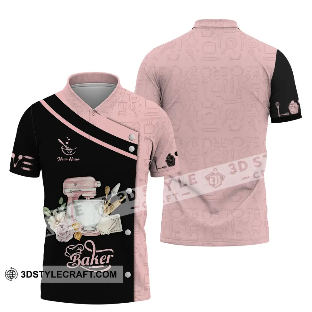 Unisex Shirt - Custom Name 3D For Baker Making Cake Pink And Back Polo / S T-Shirt