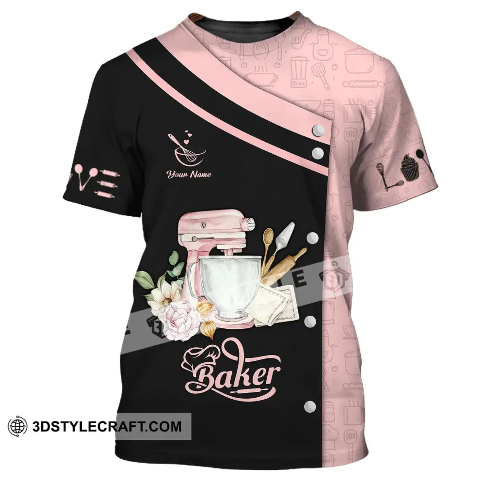 Unisex Shirt - Custom Name 3D For Baker Making Cake Pink And Back T-Shirt / S T-Shirt