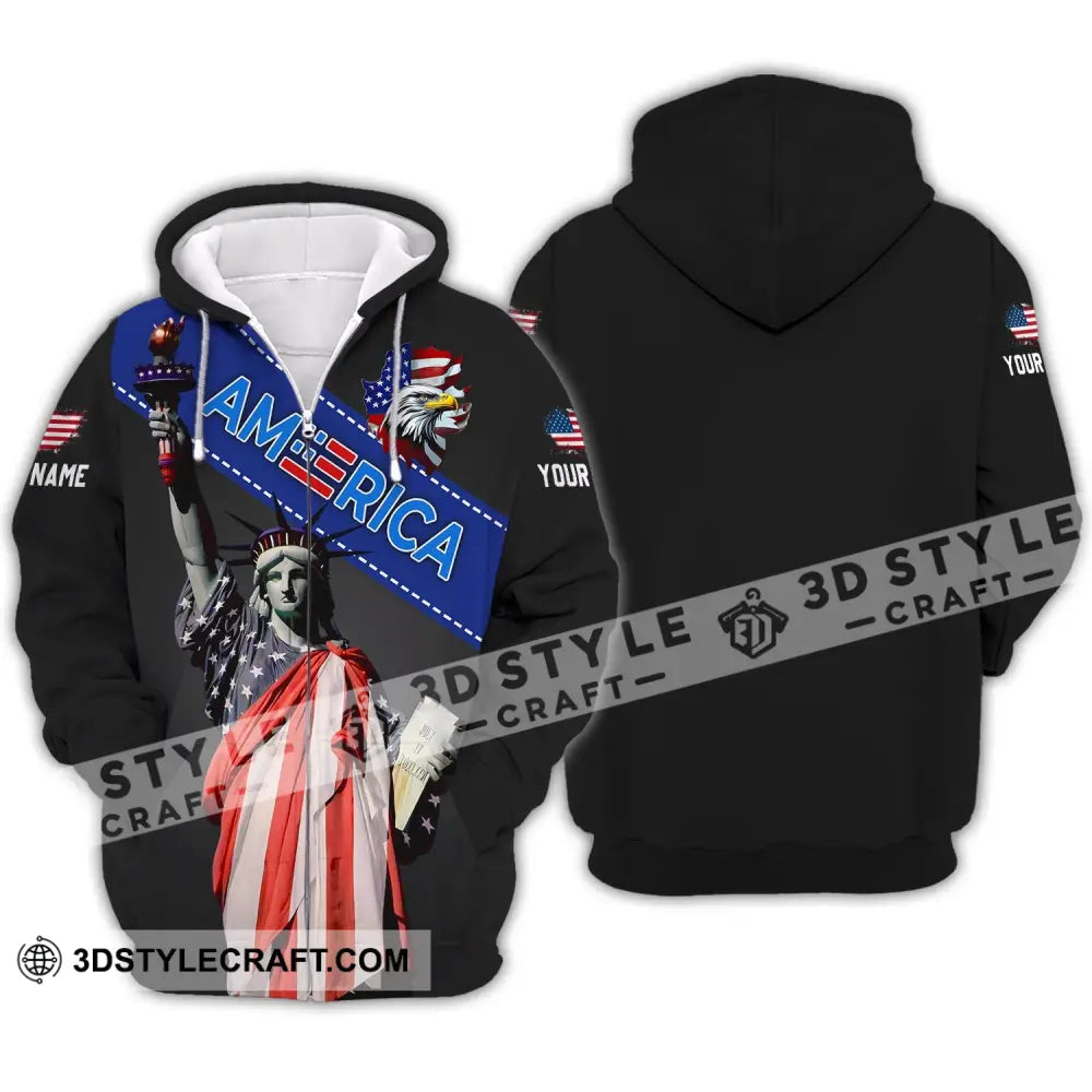 Unisex Shirt - Custom Name 3D Liberties America Flag Color Zipper Hoodie / S T-Shirt