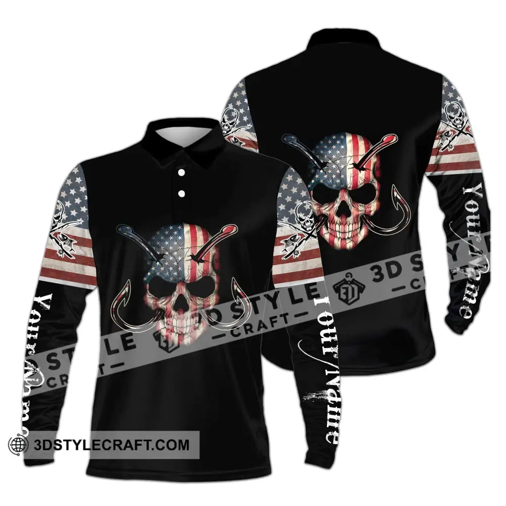 Unisex Shirt - Custom Name America Skull Fishing Long Sleeve Polo / S T-Shirt