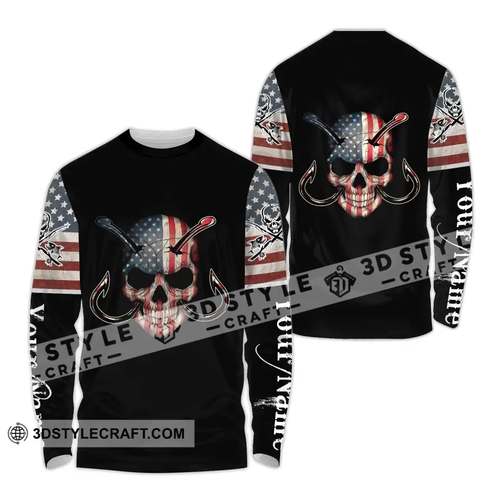 Unisex Shirt - Custom Name America Skull Fishing Long Sleeve / S T-Shirt