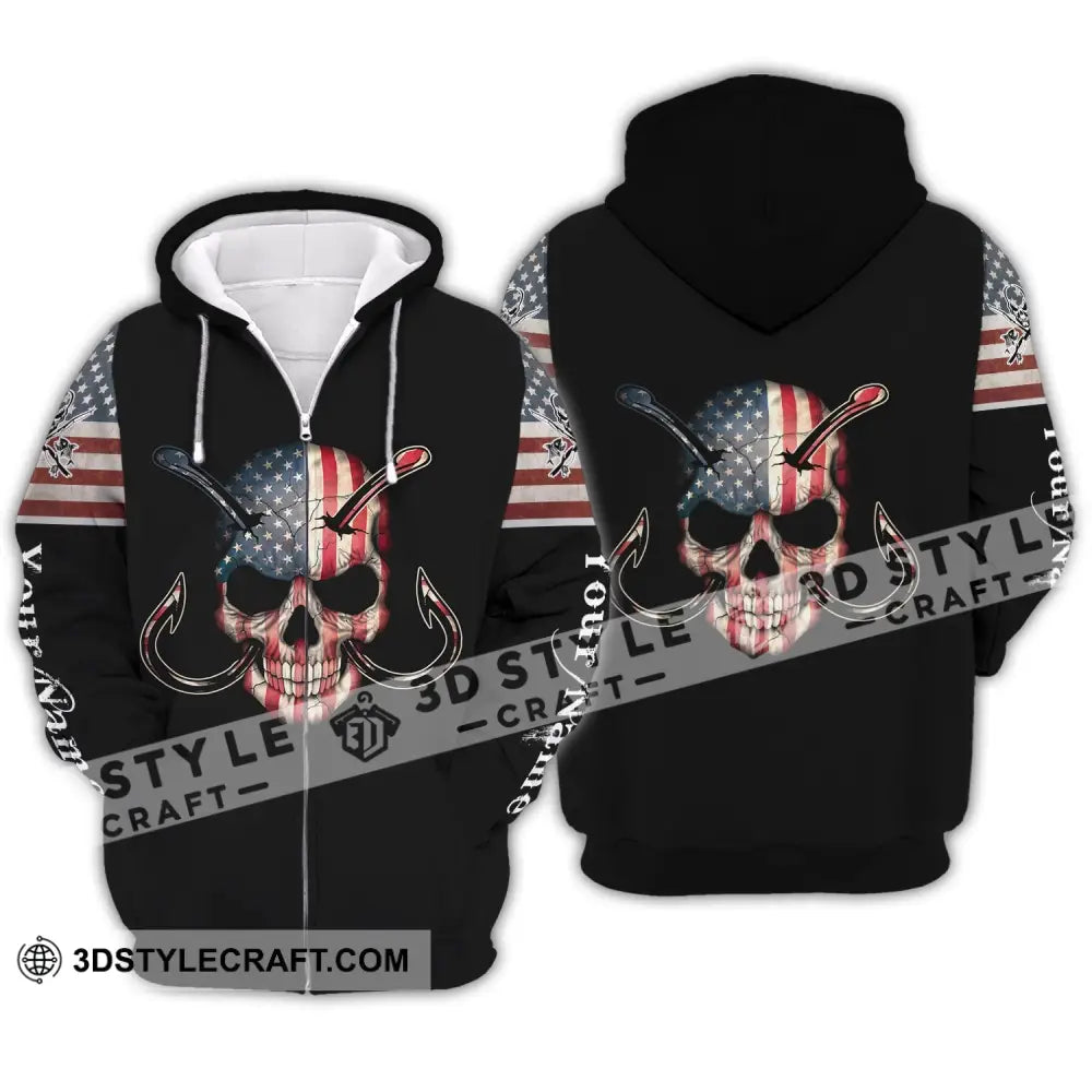 Unisex Shirt - Custom Name America Skull Fishing Zipper Hoodie / S T-Shirt