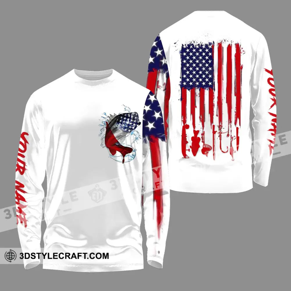 Unisex Shirt - Custom Name American Fishing Sport Flag Long Sleeve / S T-Shirt