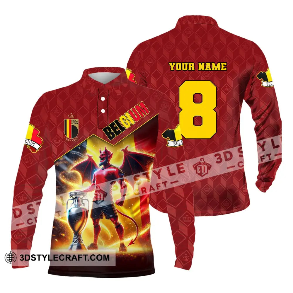 Unisex Shirt Custom Name And Number Belgium Football T-Shirt Euro 2024 Polo Long Sleeve / S