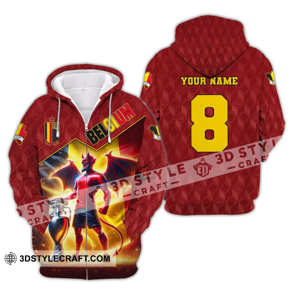 Unisex Shirt Custom Name And Number Belgium Football T-Shirt Euro 2024 Polo Long Sleeve Zipper