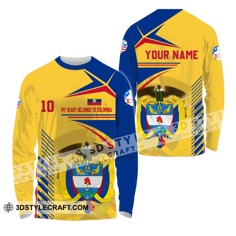 Unisex Shirt - Custom Name And Number Copa America Golden My Heart Belongs To Colombia Long Sleeve