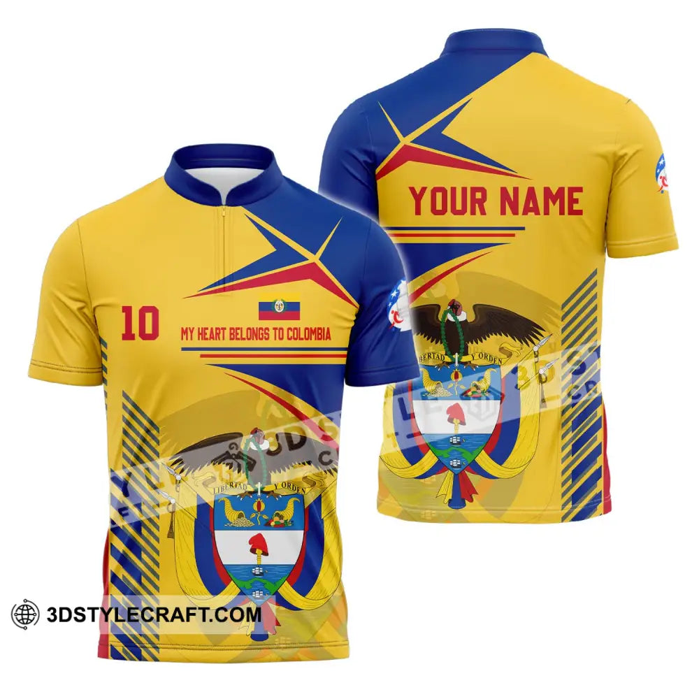 Unisex Shirt - Custom Name And Number Copa America Golden My Heart Belongs To Colombia Zipper Polo