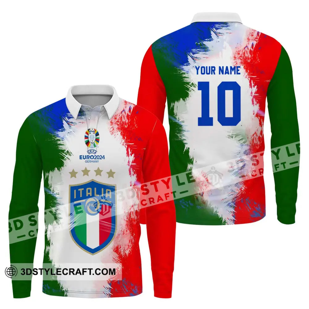 Unisex Shirt - Custom Name And Number Euro 2024 Italia National Team Flag Color Long Sleeve Polo /