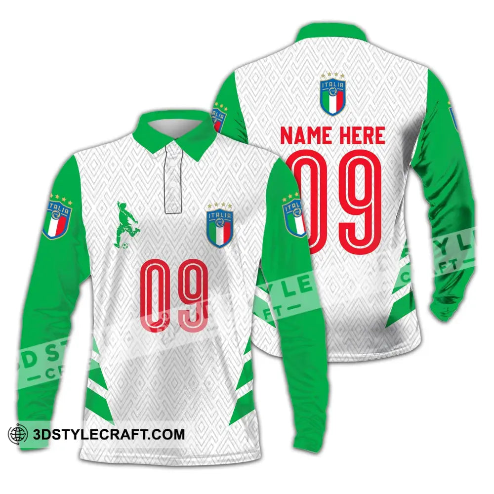 Unisex Shirt - Custom Name And Number Euro 2024 Italia Team Green White Long Sleeve Polo / S T-Shirt